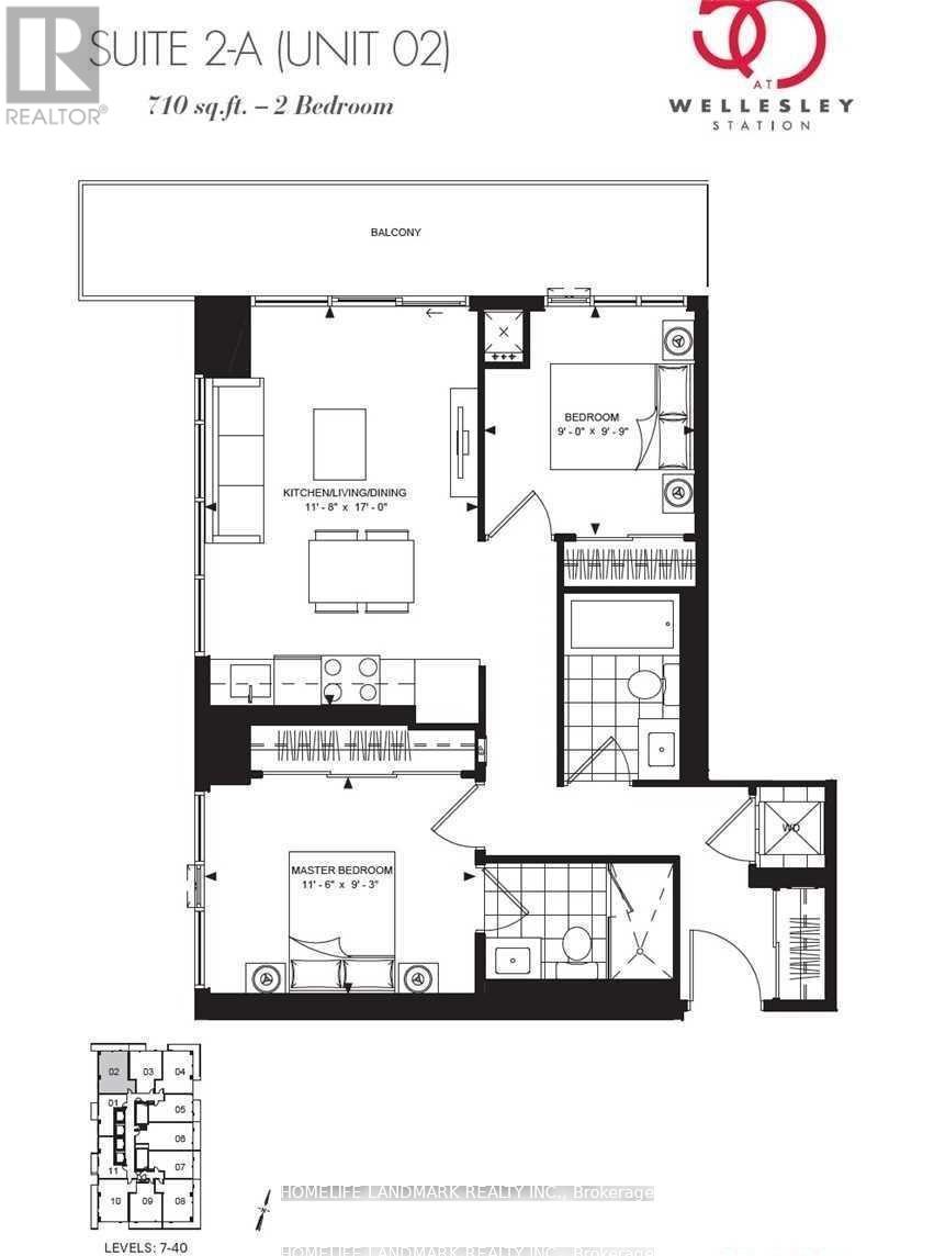 A black and white image of a floor plan for a 710 square foot 2-bedroom suite.