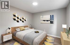 A bedroom with a bed, nightstands, and a painting on the wall.