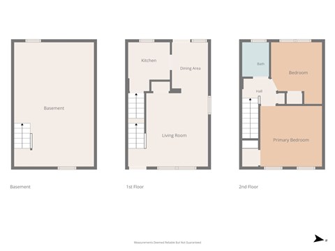 A set of three images showing a floor plan of a house with basement, first floor and second floor.
