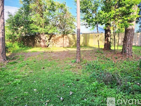 A backyard with a fence and trees.