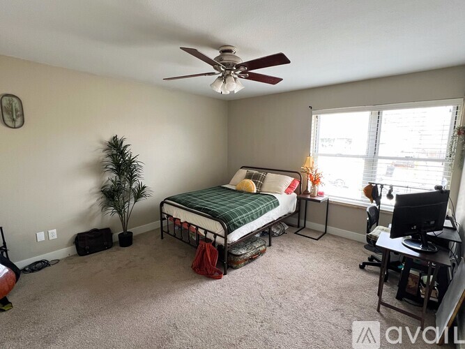A bedroom with a bed, desk, and ceiling fan.
