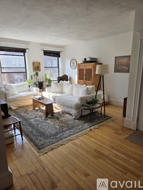 A living room with a white couch, a wooden cabinet, and a rug.