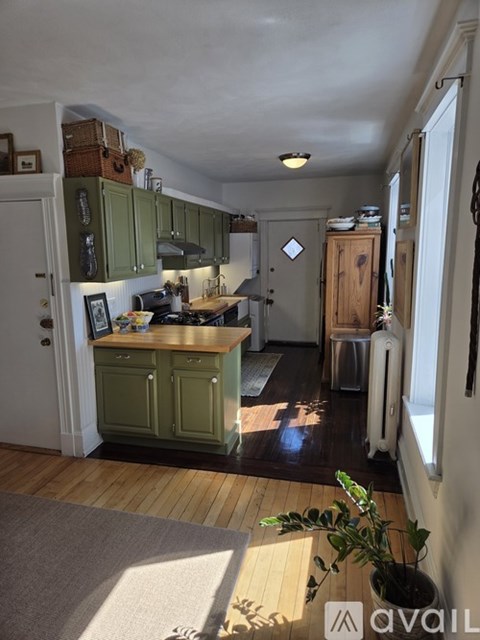 A kitchen with green cabinets and a wooden floor.
