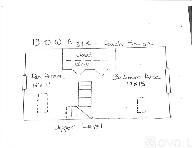 A drawing of a coach house with a den area and bedroom area.