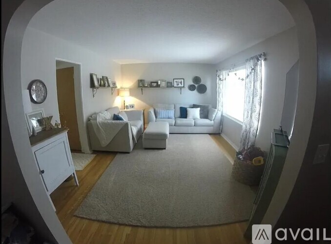 A living room with a couch, a chair, and a rug.