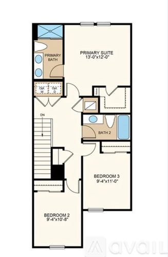 A floor plan of a primary suite with a bath and two bedrooms.