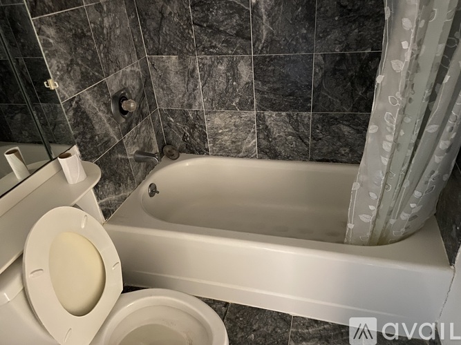 A white toilet sits next to a bathtub in a bathroom with black tiles.