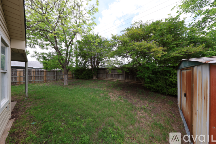 A backyard with a fence and trees.