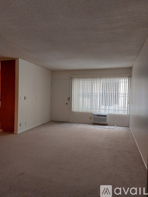A room with a carpeted floor and a window with blinds.