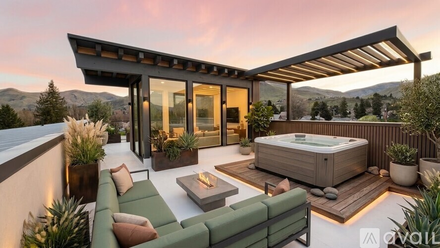 A modern outdoor living space with a hot tub and seating area.
