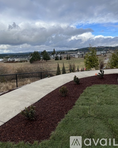 A grassy area with a sidewalk and a fence.