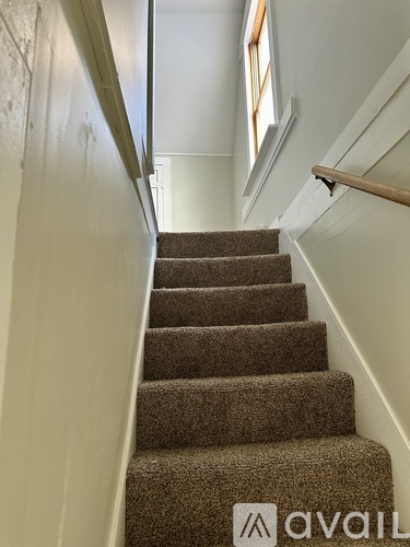 A staircase with a carpeted runner and a metal handrail.