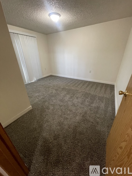 A room with a carpeted floor and a door with a gold handle.