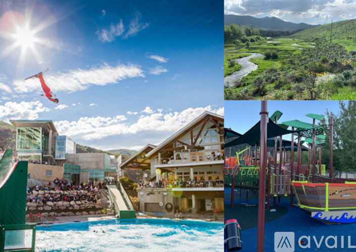A collage of four different images, including a sunny sky, a river landscape, a building with a pool, and a water slide.