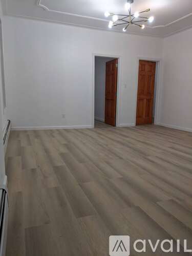 A room with wooden flooring and two doors.
