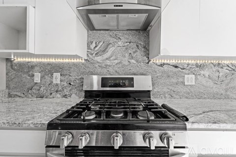 A modern kitchen with a stove top oven and a range hood.