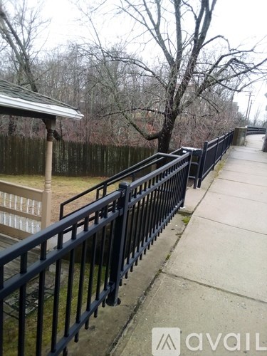 A black metal fence runs along a concrete sidewalk.
