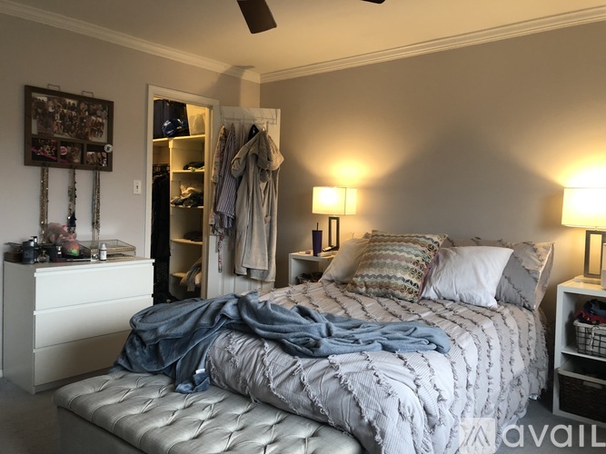 A bedroom with a large bed and a clothing closet.