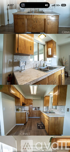 A series of images showcasing a kitchen with wooden cabinets and a modern design.