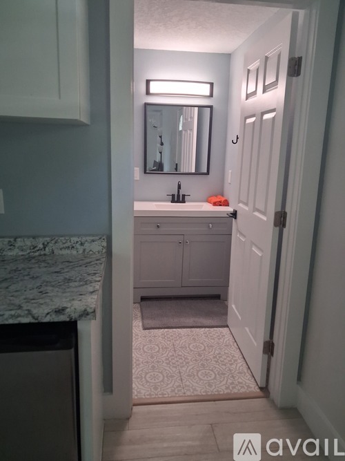 A bathroom with a sink and mirror.