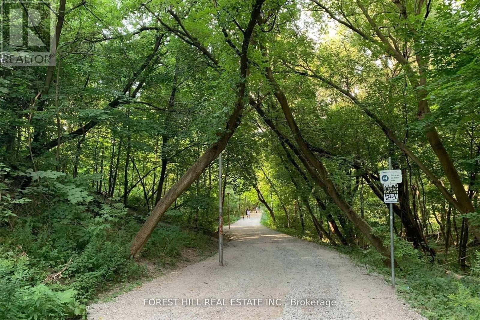 A pathway surrounded by trees and a sign on the right.