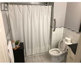 A white shower curtain in a bathroom with a toilet and a small plant on a shelf.