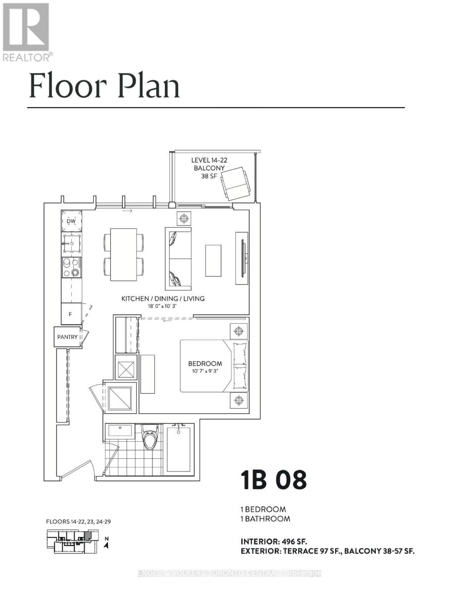 A floor plan for a 1 bedroom apartment with a balcony.