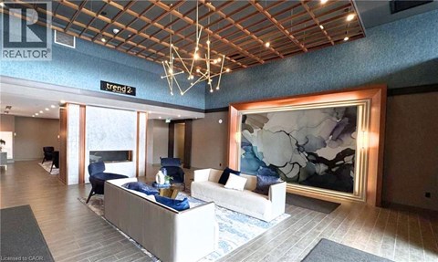 A living room with a large painting on the wall and a sign that says "Trend 2".