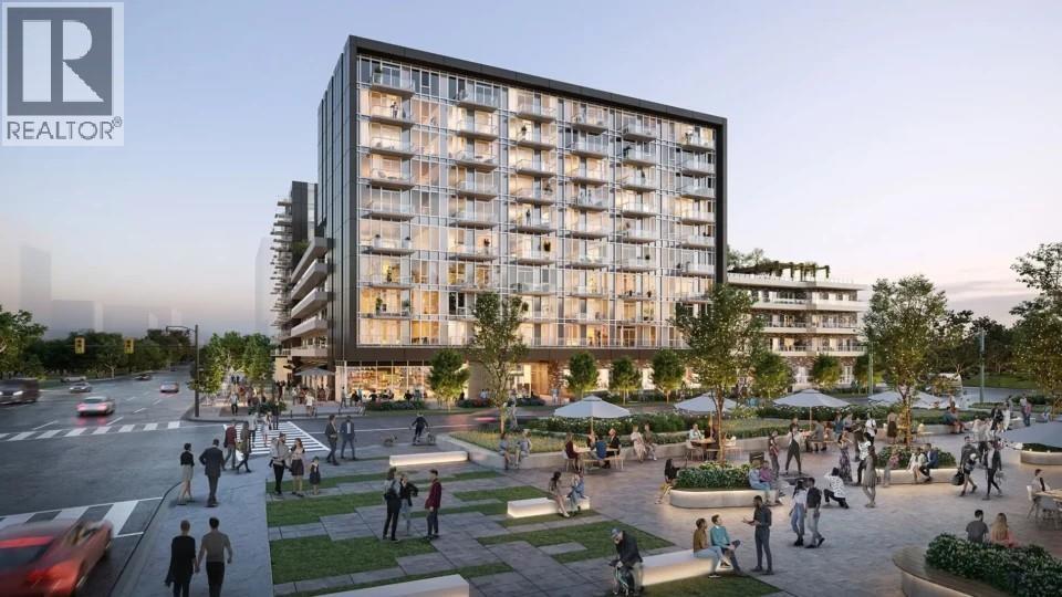 A modern apartment building with a bustling outdoor plaza in front.