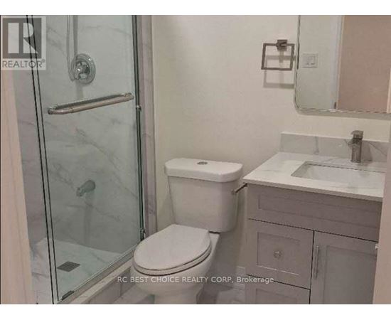 A white toilet sits next to a sink in a bathroom.
