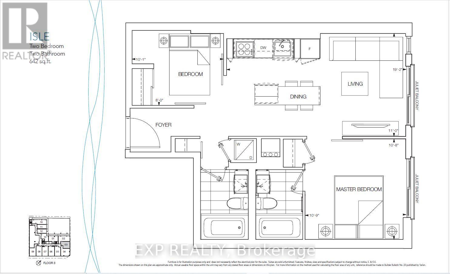 A floor plan of a two bedroom apartment with a living room, dining room, and two bathrooms.