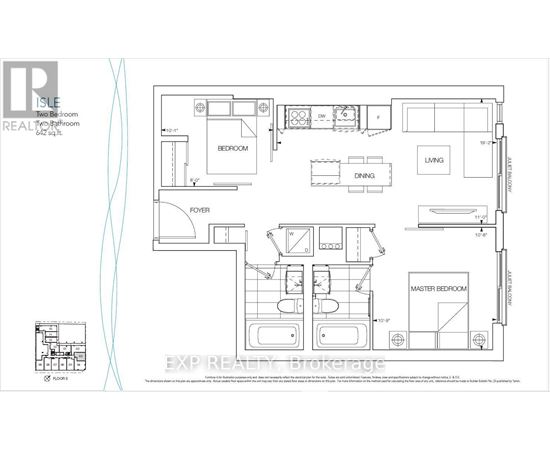A floor plan of a two bedroom apartment with a living room, dining room, and two bathrooms.
