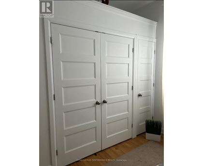 Two white doors with a plant in front of them.