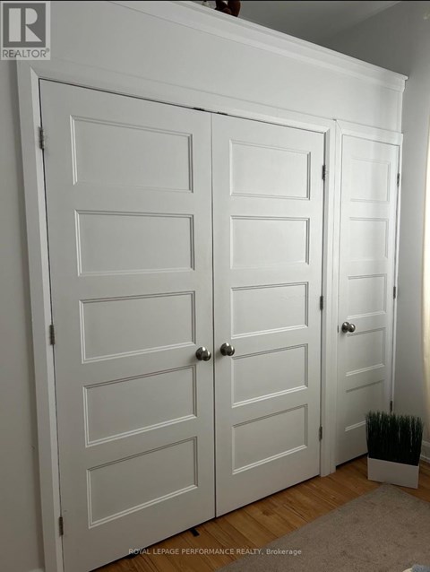 Two white doors with a plant in front of them.