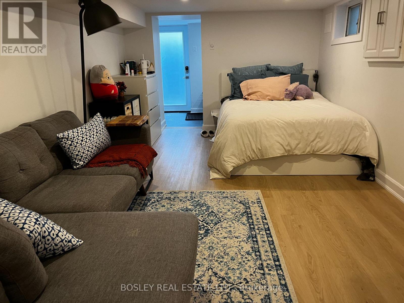 A bedroom with a bed, a couch, and a rug.