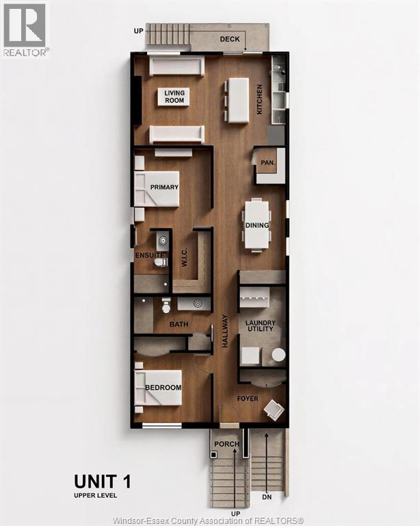 A floor plan of a unit with a living room, dining room, kitchen, and bathroom.