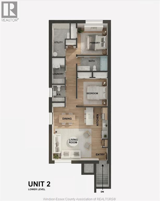 A floor plan of a unit with a living room, dining room, kitchen, bathroom, and laundry.