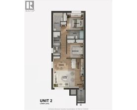 A floor plan of a unit with a living room, dining room, kitchen, bathroom, and laundry.