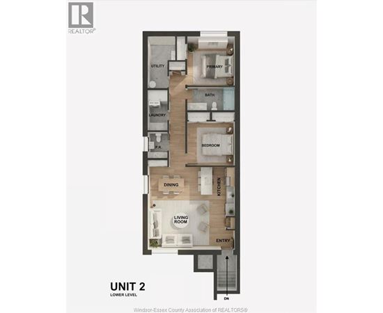 A floor plan of a unit with a living room, dining room, kitchen, bathroom, and laundry.