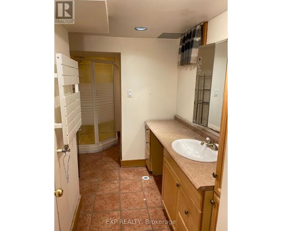 A bathroom with a sink, mirror, and a shower with a glass door.