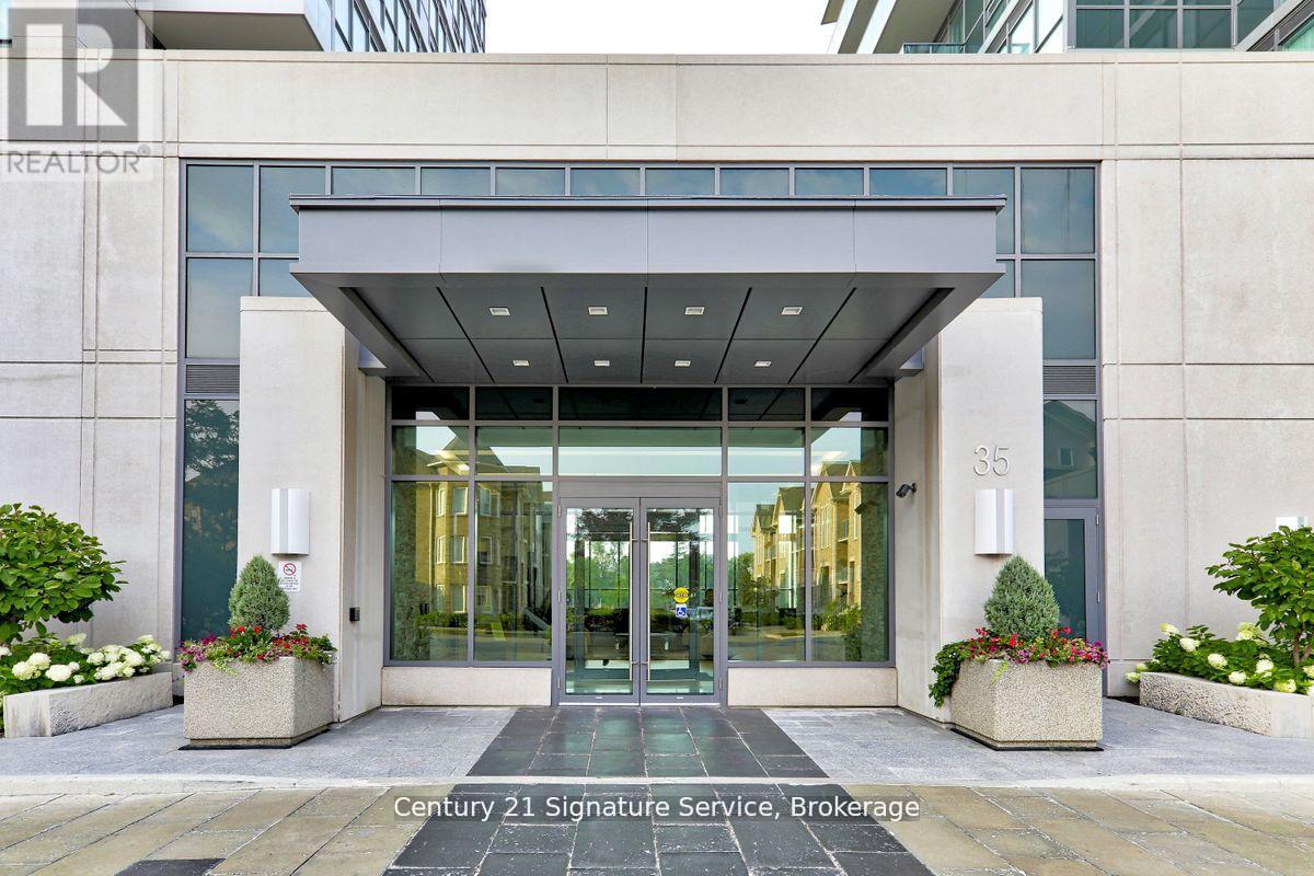 The front of a building with a glass door entrance and a sign that says Century 21 Signature Service, Brokerage.