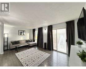 A living room with a couch, a rug, and a television.