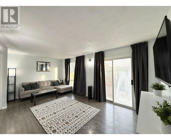 A living room with a couch, a rug, and a television.