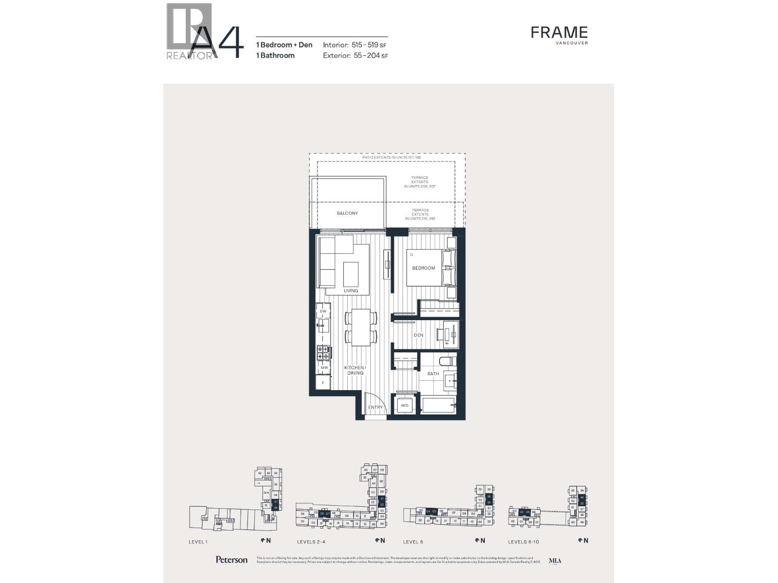 A floor plan for an apartment complex with 1 bedroom and 1 bathroom units.