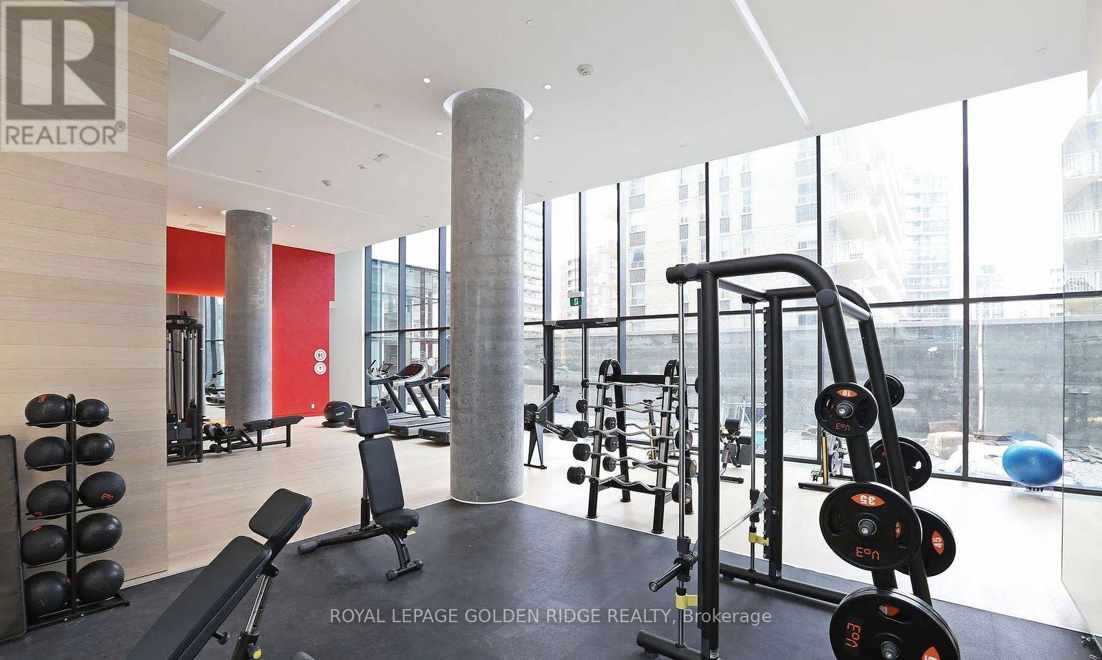 A gym with a variety of equipment including weights and a bench.