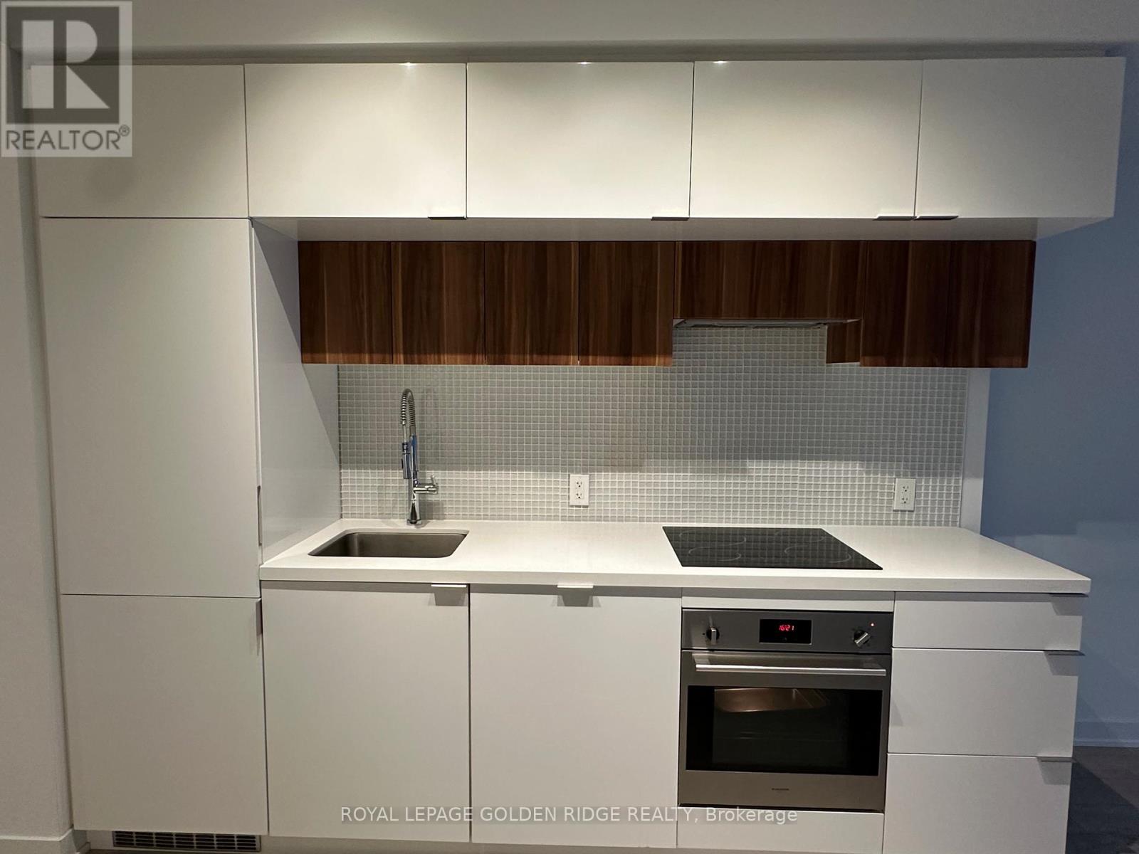 A modern kitchen with white cabinets and a wooden backsplash.