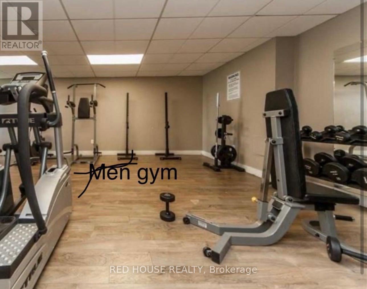 A gym room with a row of treadmills and a row of weights.