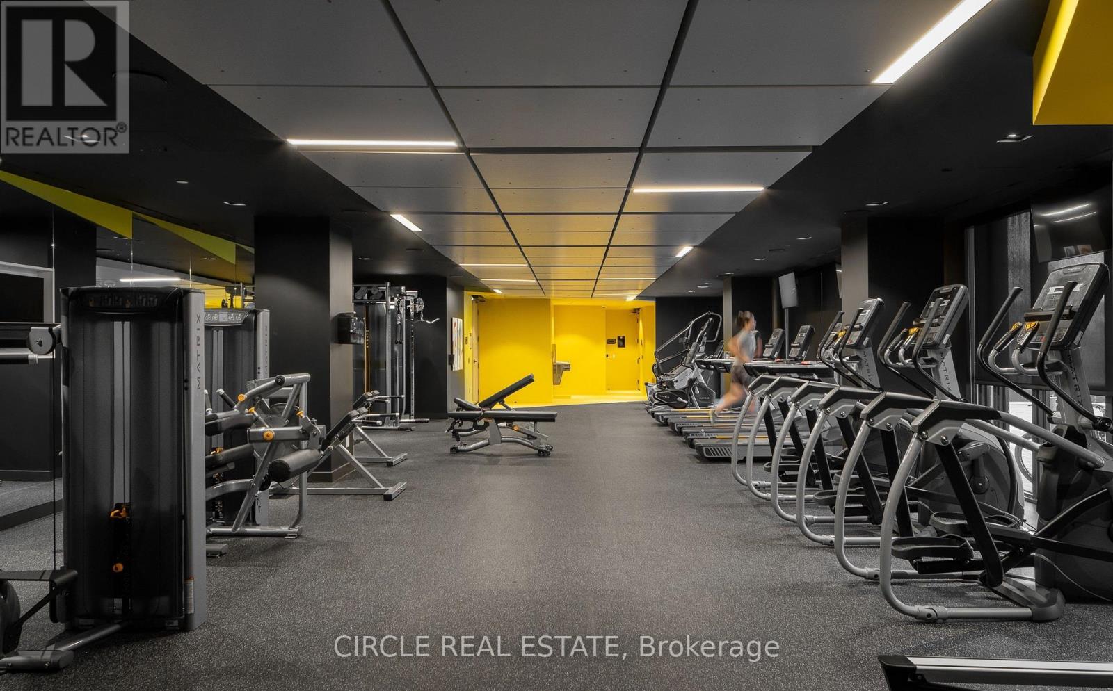 A gym with a row of treadmills and a yellow wall.
