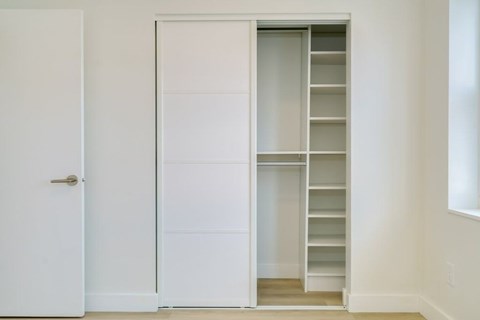 A white door with a shelving unit inside.
