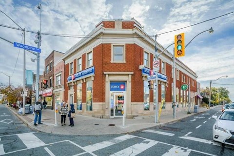 A street view of Woodbine and a building with a blue sign that says "Bank of Montreal".
